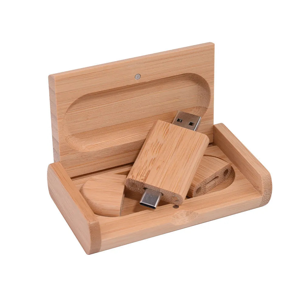 Maple wood carved USB flash drive with Type-C phone connector showing custom engraving