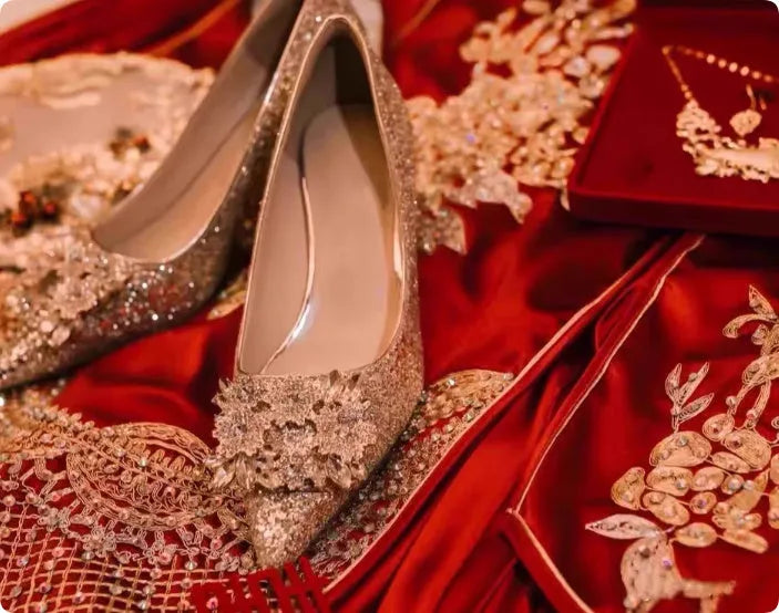 Champagne pointed toe wedding shoes with crystal rhinestone detail on a fine high heel.