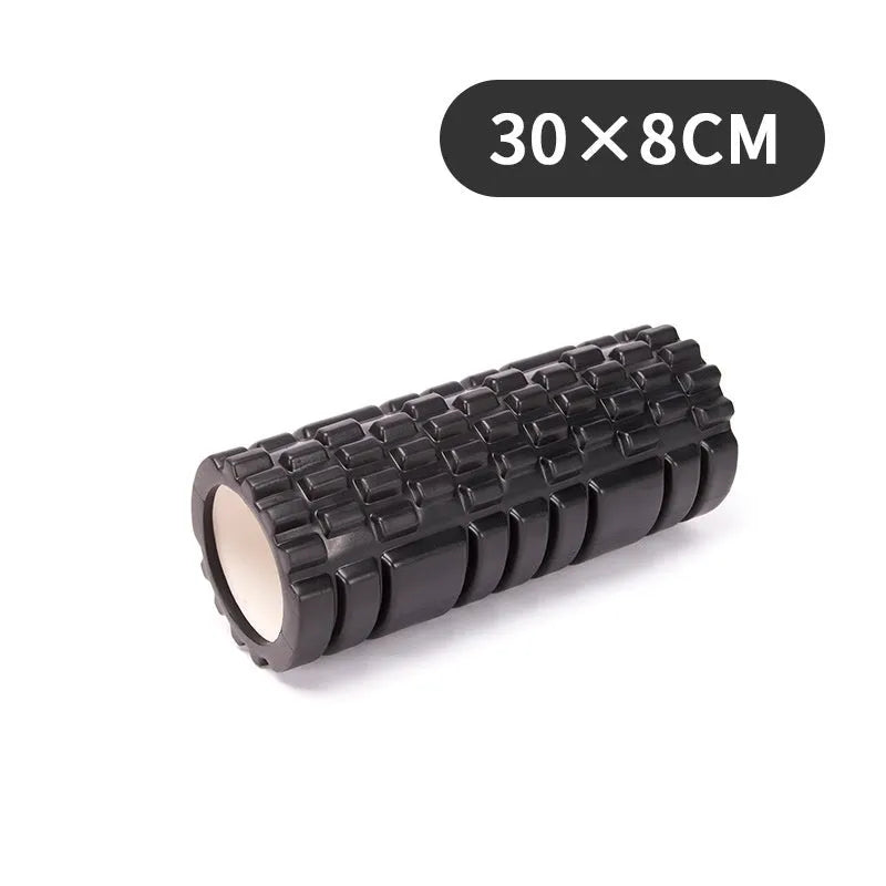 EVA foam roller for fitness in black, grey, pink, sky blue, or light purple, showing size options.
