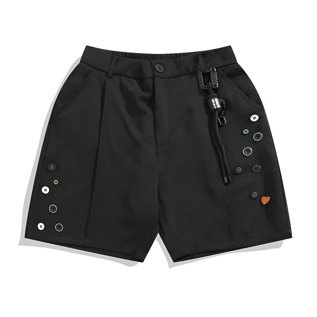 Men's black semi-elastic shorts with button fly and straight-leg cut above knee length