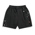 Men's black semi-elastic shorts with button fly and straight-leg cut above knee length