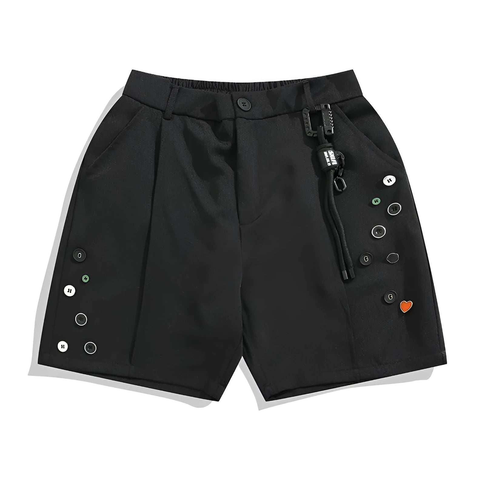 Men's black semi-elastic shorts with button fly and straight-leg cut above knee length
