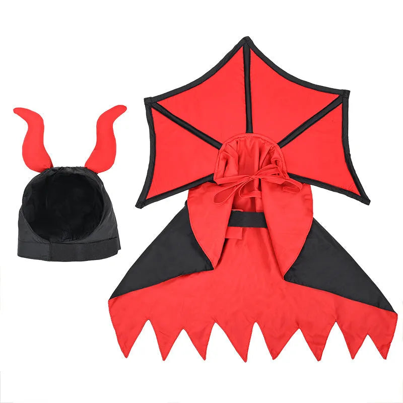 Black polyester vampire cloak and hat Halloween costume for pets on a white background