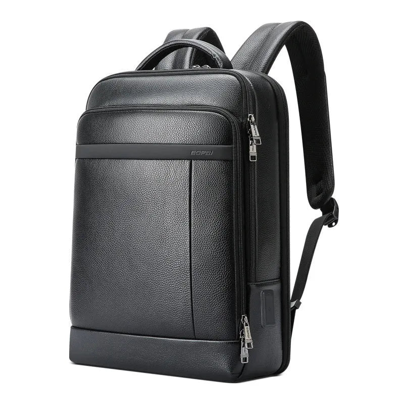 Black genuine cowhide leather commuter backpack with USB port and curved strap.