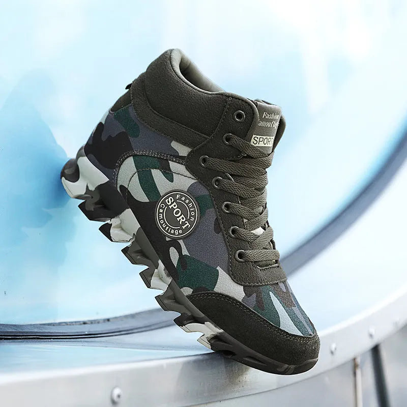 Women's green camouflage canvas sneakers with increased platform design and rubber sole
