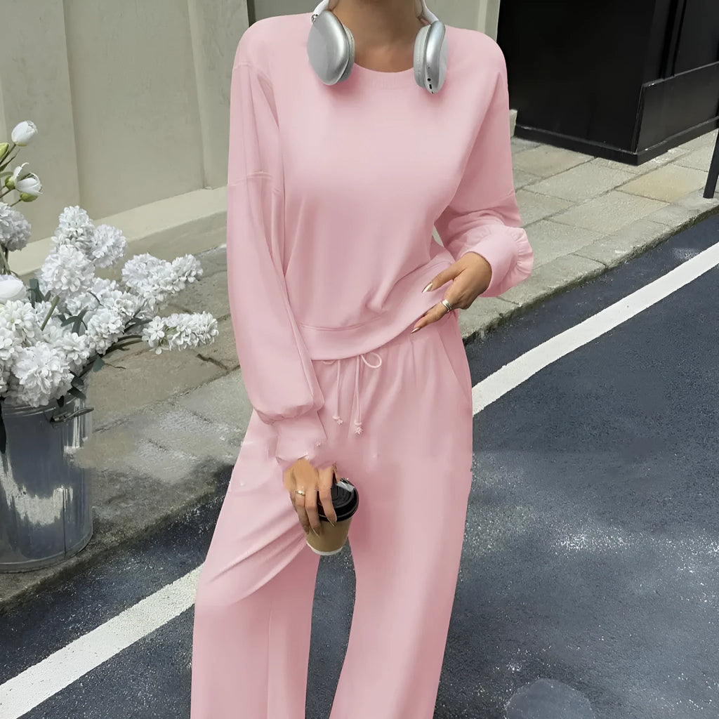 Women's casual two-piece set with long sleeves top and trousers in solid colour street hipster style