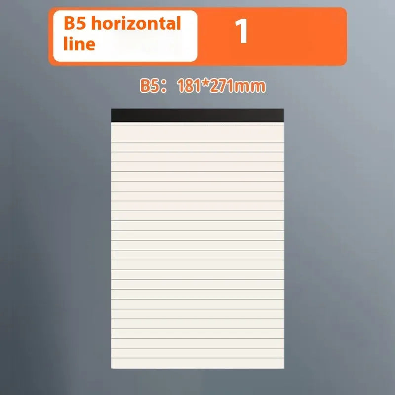 Set of writing pads in A5, B5, and A4 sizes showing blank, grid, and horizontal line page rulings.