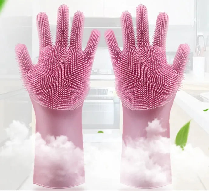 Blue silicone scrubbing gloves showing textured palm and finger surfaces for cleaning