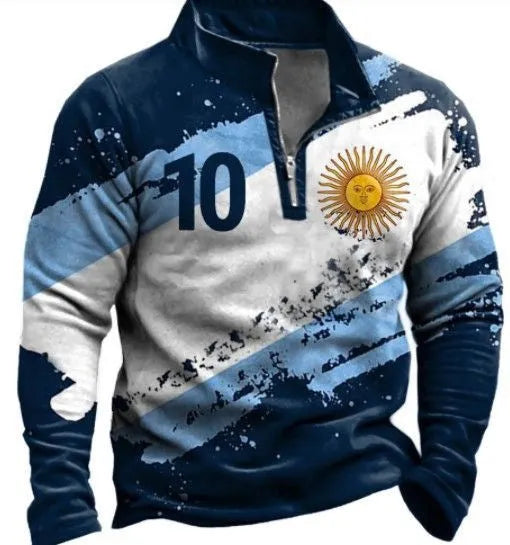 Men's retro colour print golf t-shirt with striped pattern and zipper details on long sleeve loose fit top