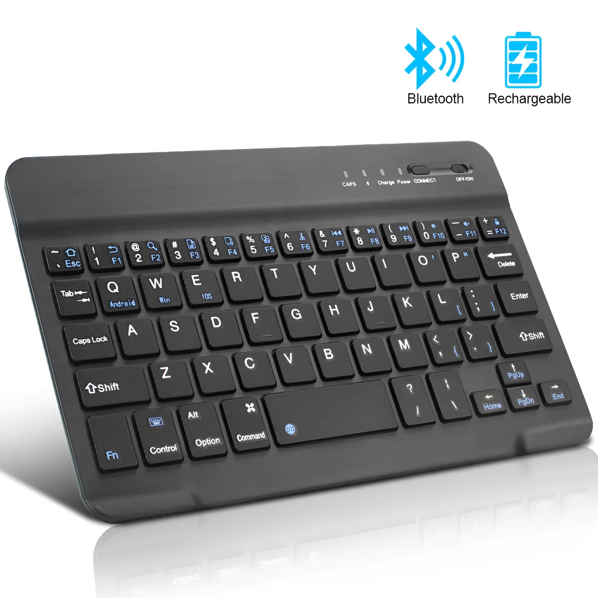 Mini Bluetooth wireless keyboard in black or white for tablets with 10m range and 44h battery life