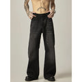 Black loose straight jeans with retro styling and zipper fly in polyester denim fabric