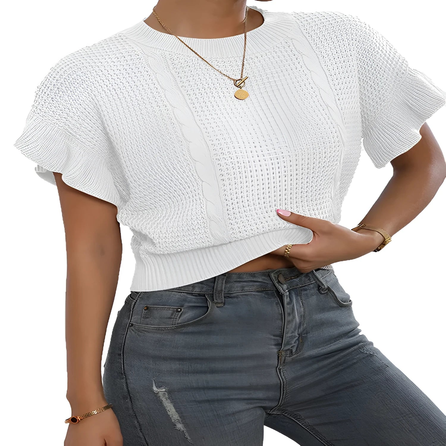 White loose knitted women's pullover sweater with ruffled short sleeves and a textured 3D pattern.
