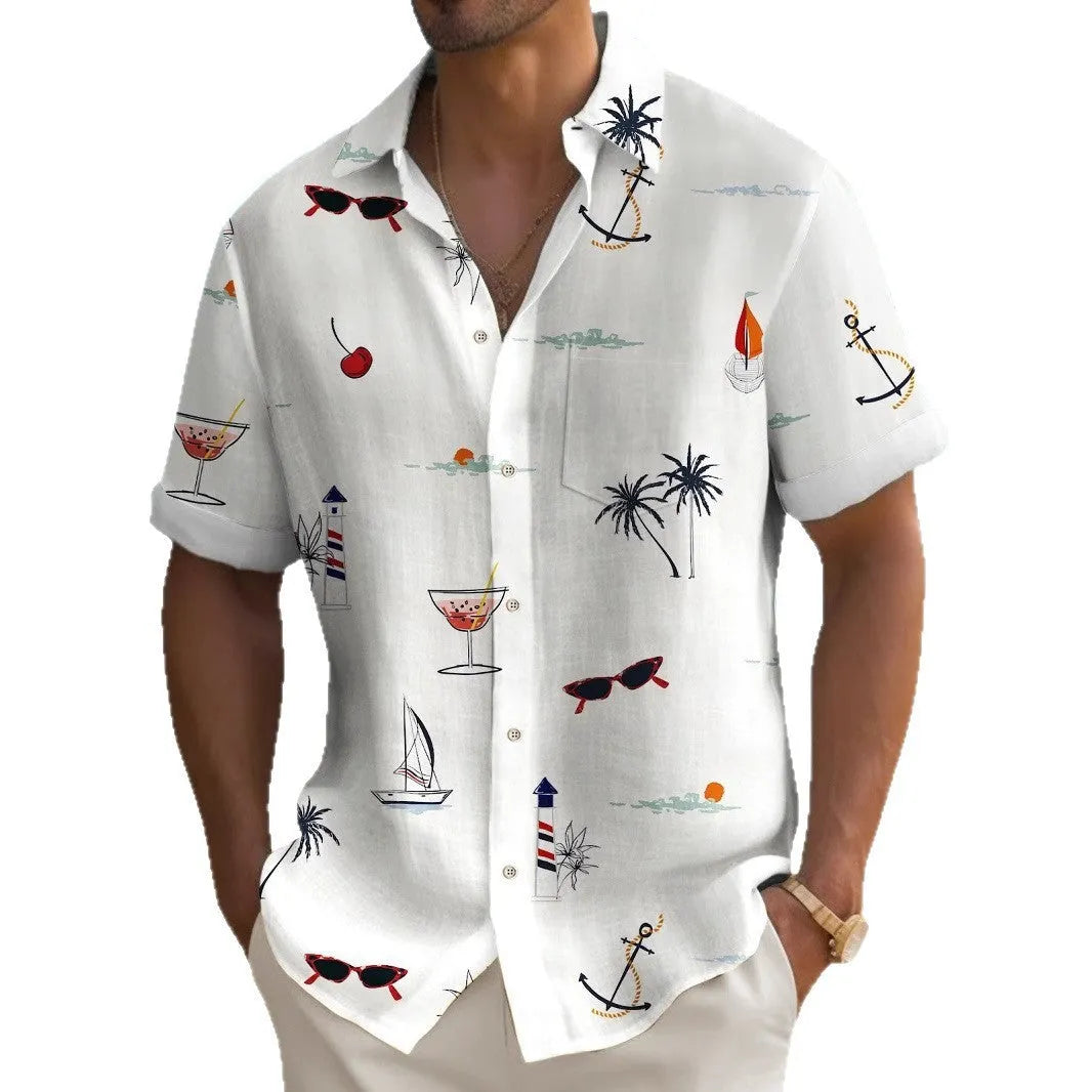 Man wearing a loose fit, short sleeve Hawaiian shirt with a colourful digital print pattern.
