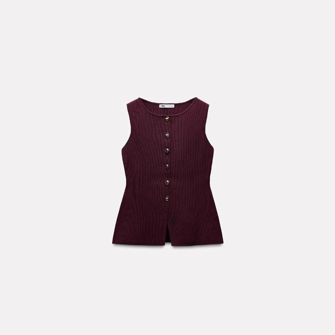 Dark red slim-fit men's sweater vest with gold buttons and a 3D textured pattern.