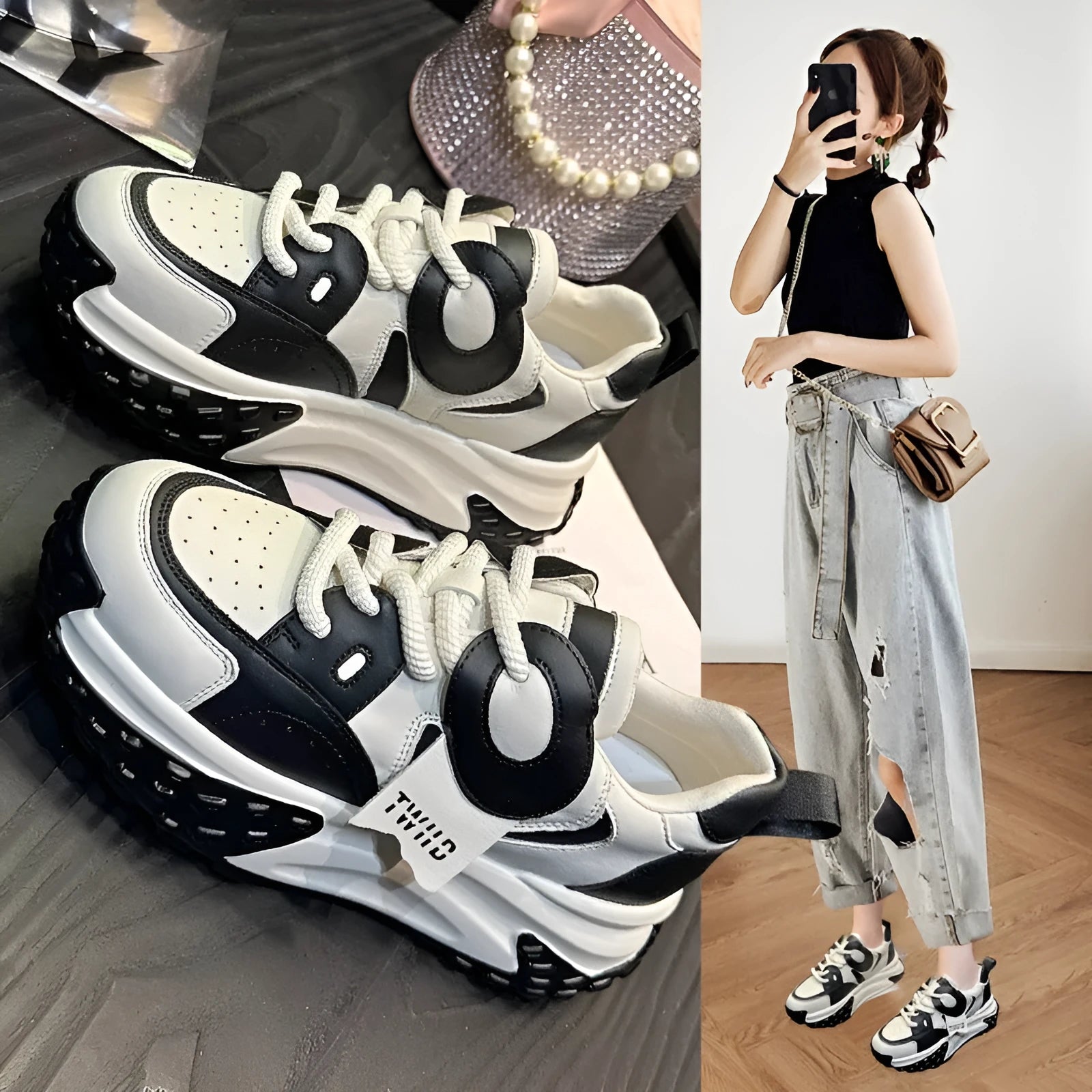 Pair of leather sports casual shoes with thick sole, wedge heel and front lace-up in multiple colour options
