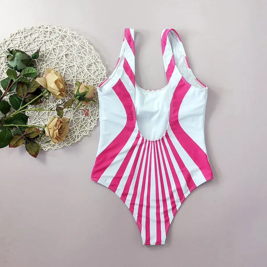 Pink striped women's one-piece swimsuit with digital printing on front and rear sections