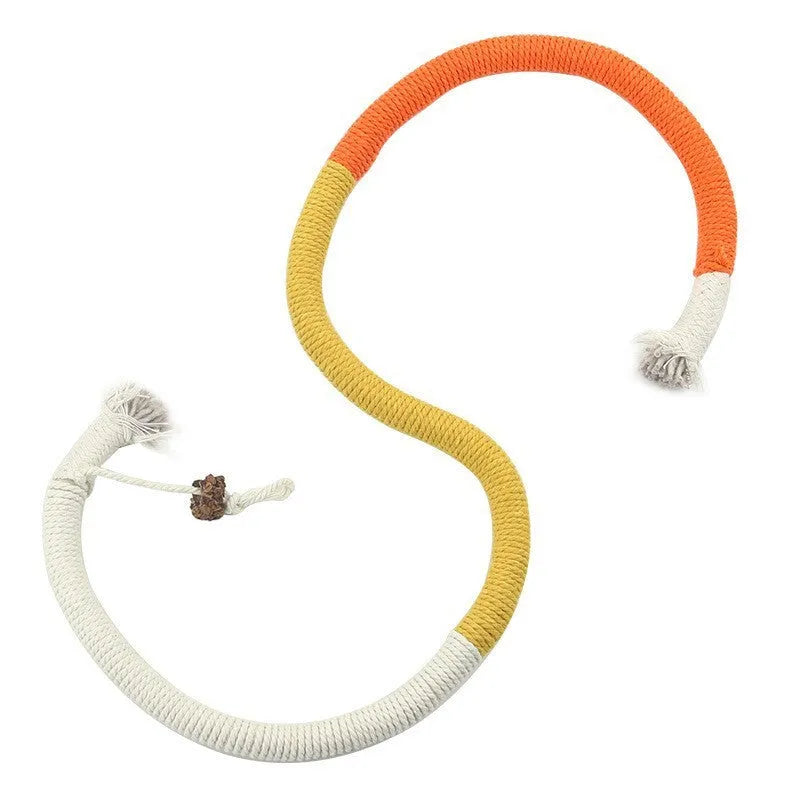 70cm long cat bite rope toy in colours purple, orange, and red with green, made of cotton string.