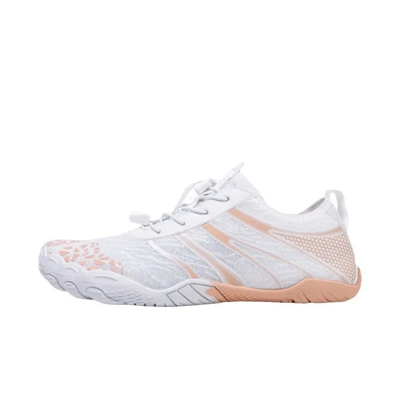 Casual unisex beach running shoes with Lycra stretch fabric upper, shown in beige colour.