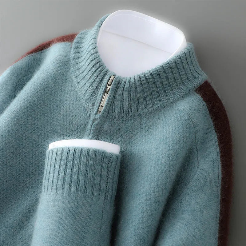 Sheep wool half-zip knitted sweater in slim fit design showing round neck and regular sleeves