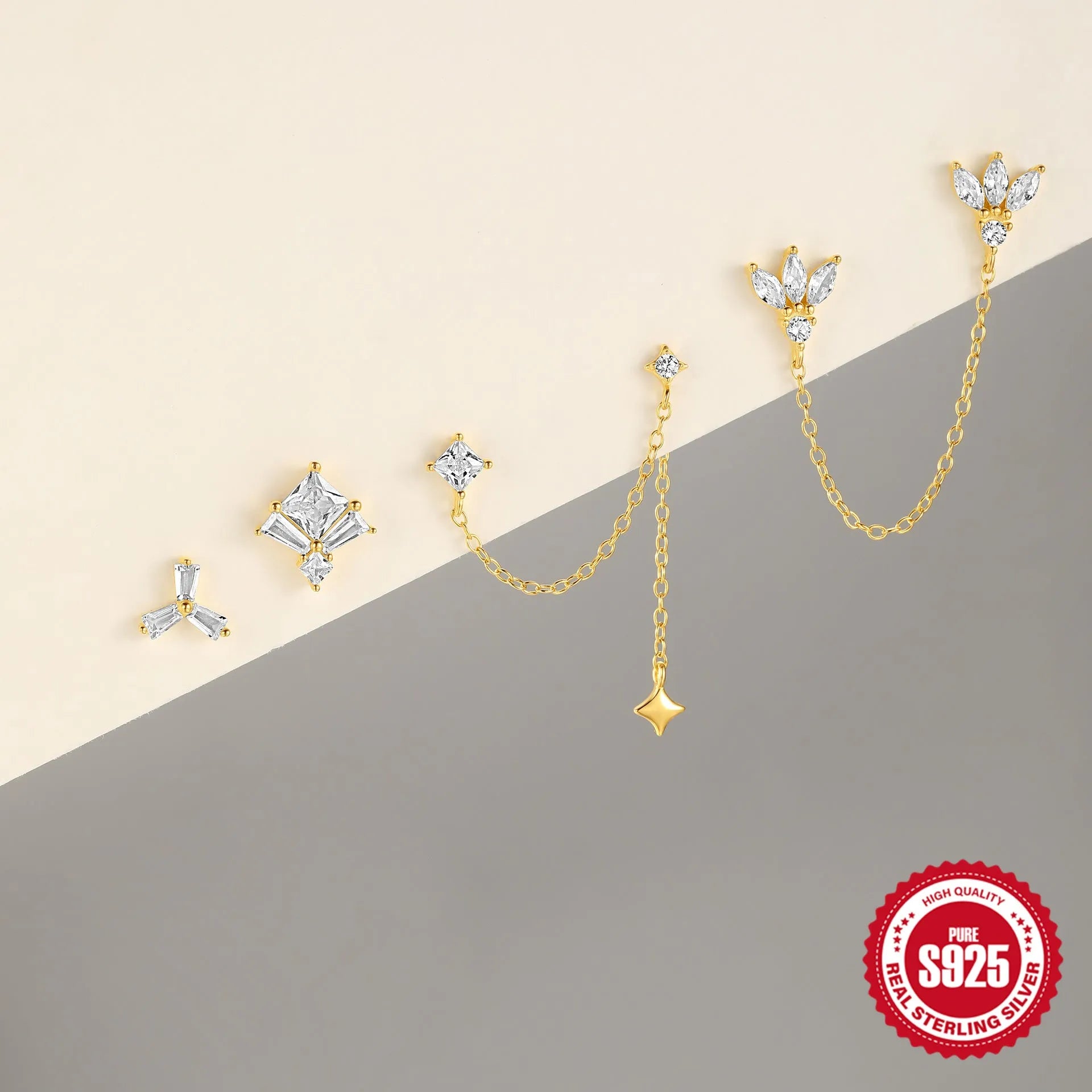 S925 sterling silver geometric earrings with inlaid zircon stones in golden colour variations