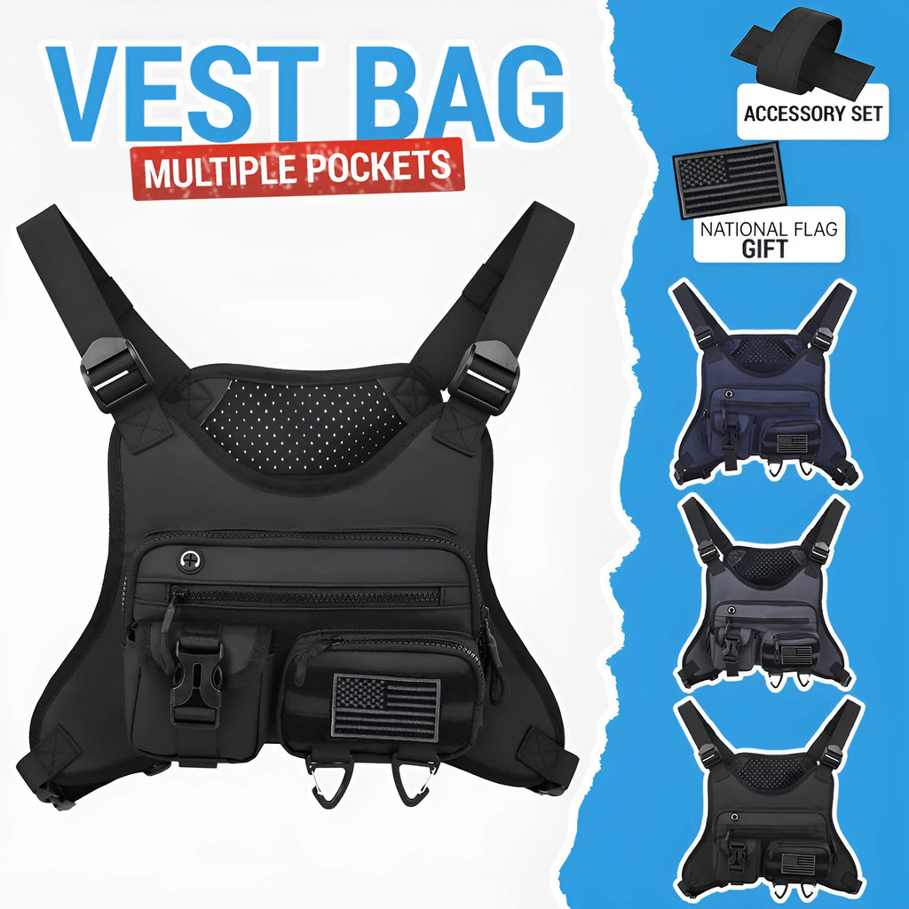 Men's oxford cloth chest bag in black, shown in a vest-style design for outdoor sports and daily wear.