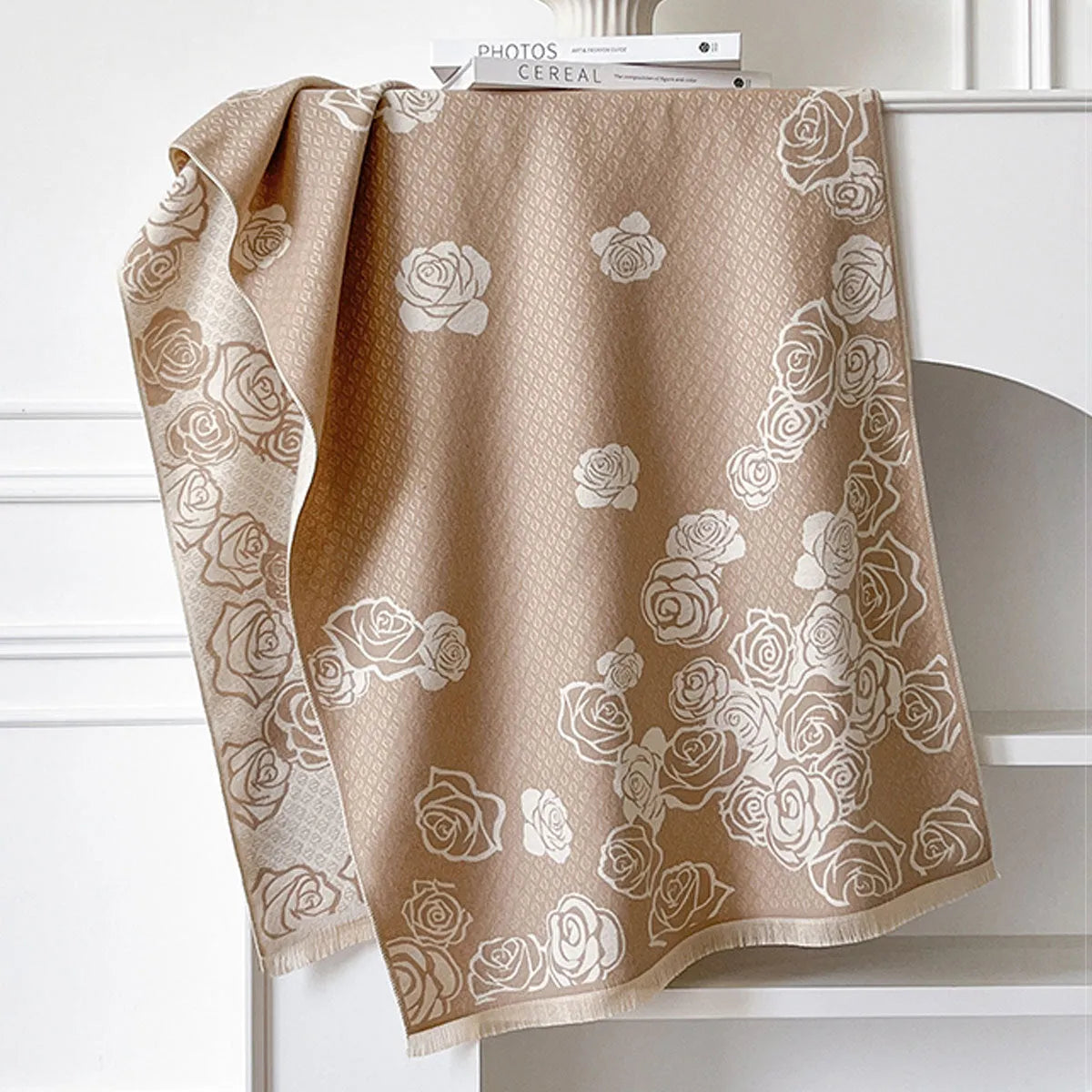 Long grey imitation cashmere winter scarf with tassels, shown draped