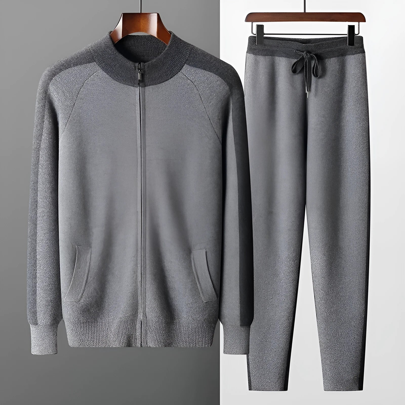 Men's cashmere wool blend knitted suit set with half turtleneck zipper cardigan and matching trousers for winter wear