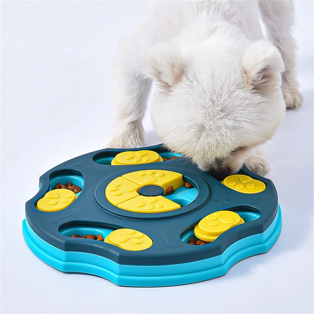 Blue dog puzzle feeder bowl with movable compartments for food-searching games and mental stimulation