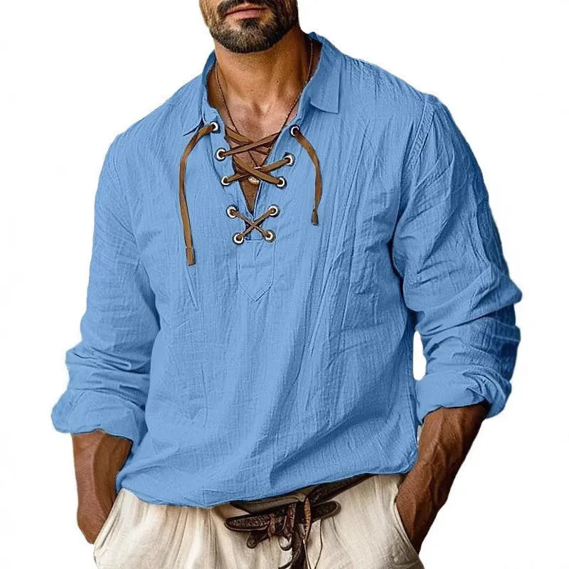 Men's plus size linen blend shirt in solid colour with loose fit long sleeves