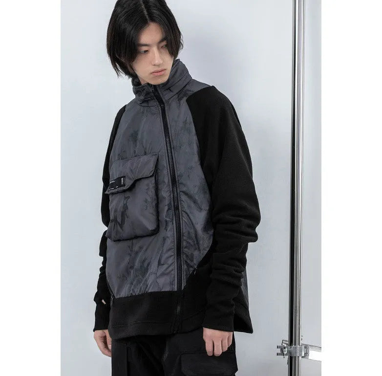 Men's black cotton fleece hooded jacket with trend stitching, loose fit