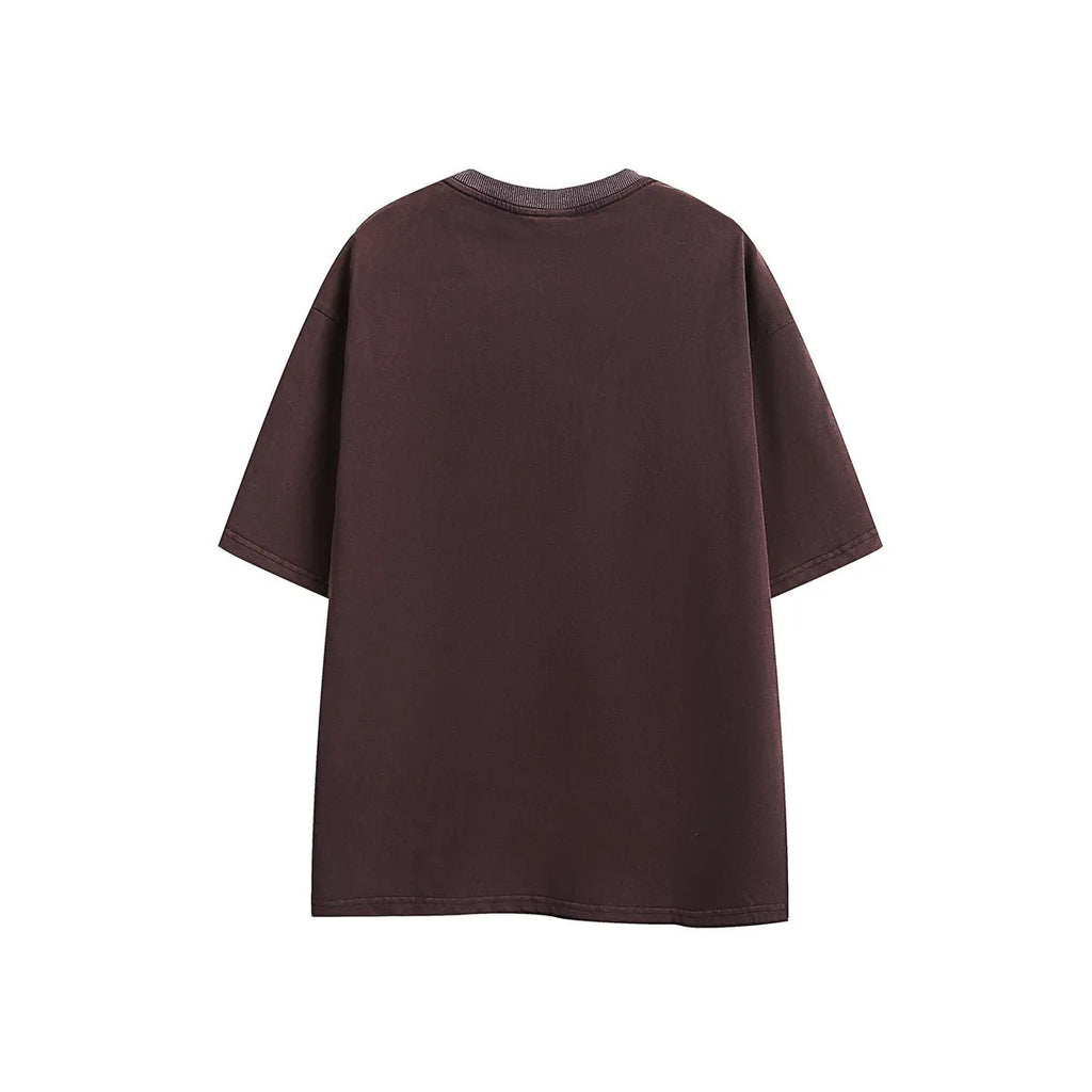 Purple and black loose fit embroidered retro short sleeve cotton t-shirt