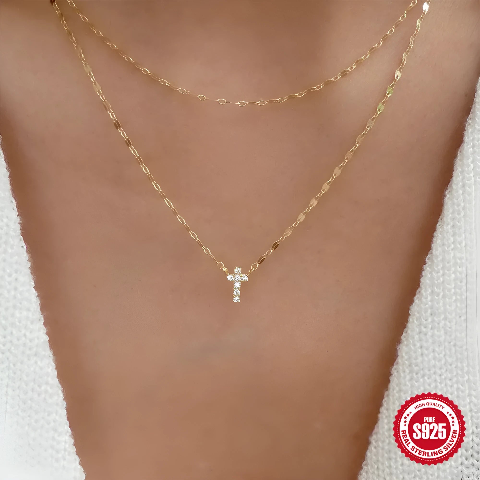 925 sterling silver double layer twin diamond cross necklace on clavicle chain