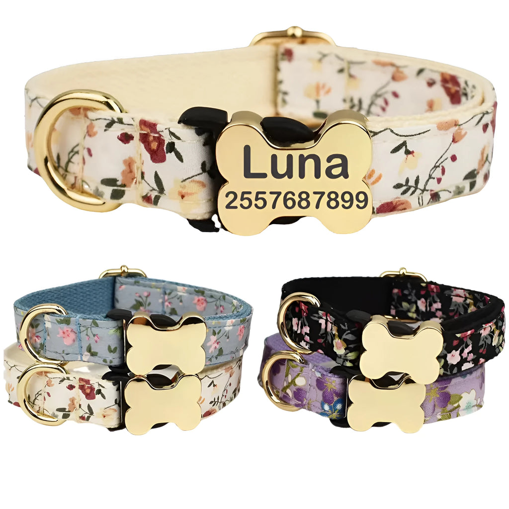 Nylon dog collar with grid print and bone-shaped metal buckle in multiple colour options.