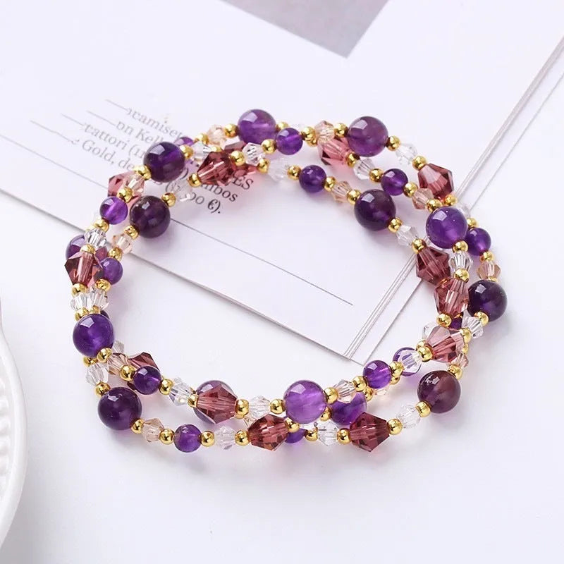 Women's colourful three-ring crystal bracelet with adjustable cord in tourmaline, quartz, or amethyst