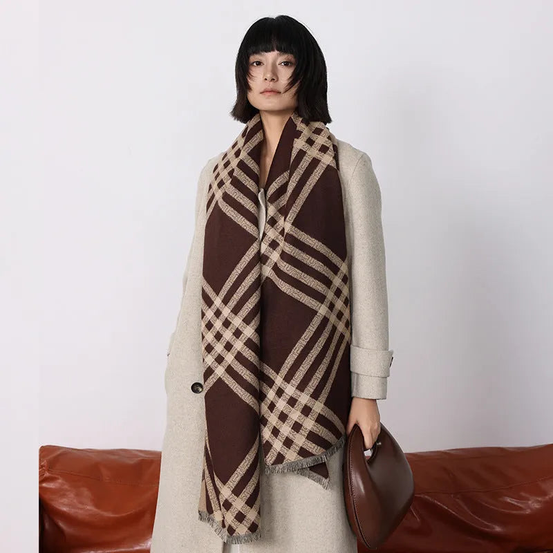 Long brown imitation cashmere scarf with tassel ends laid flat showing 185cm length