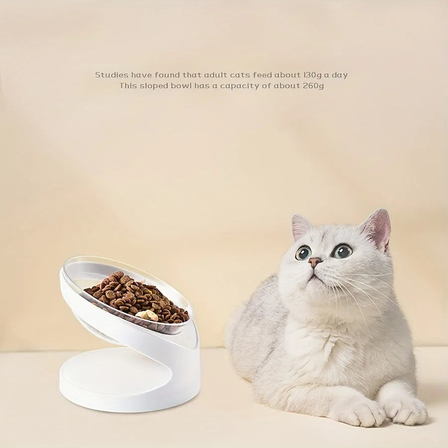 Clear plastic elevated cat food bowl with tilted design for anti-vomit feeding