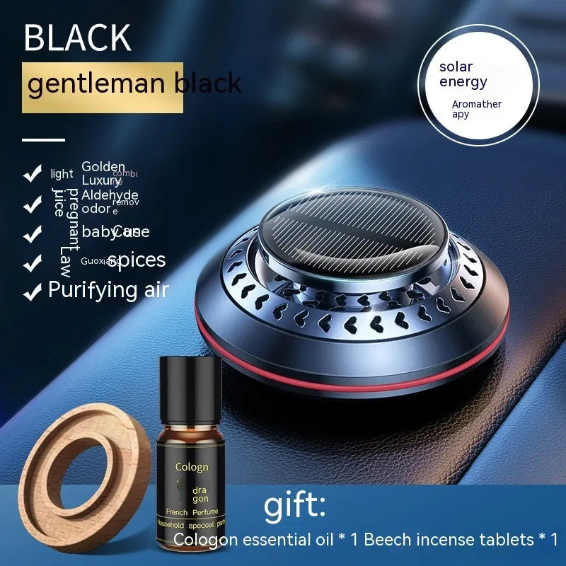 Solar-powered car air freshener with aluminium alloy housing and rotating fan