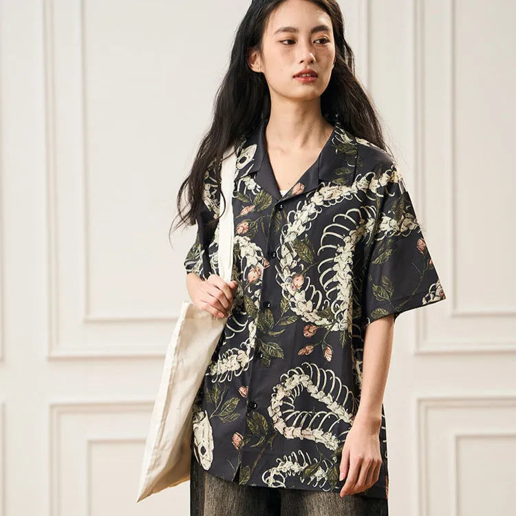 Men's snake bone pattern printed loose Cuban collar short sleeve shirt in colour options.