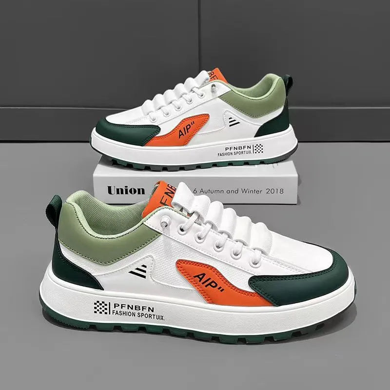 Men's white casual trainer with artificial PU upper and round toe, shown in orange, black, and brown trim colour options.