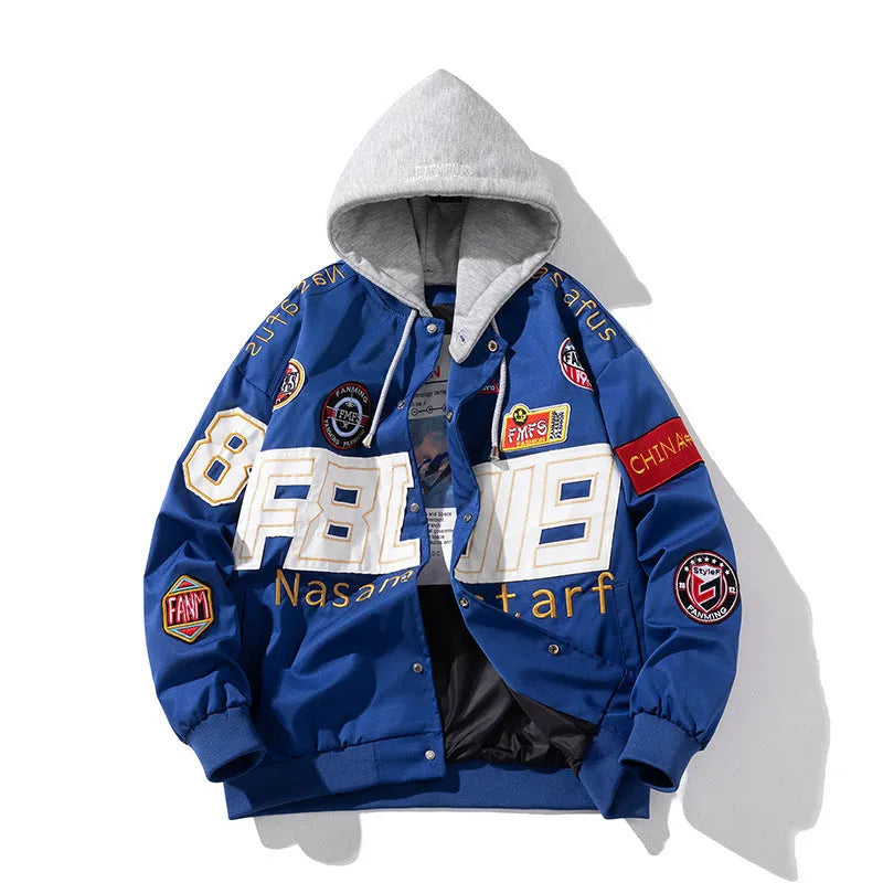 Black American motorcycle baseball uniform with removable hood for couples in autumn winter style