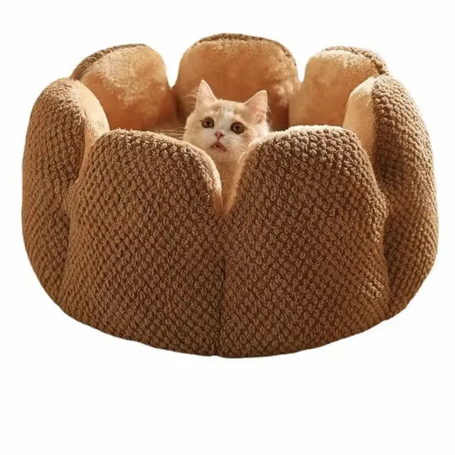 Green cactus petal shaped plush dog bed with a non-slip bottom on a wooden floor.