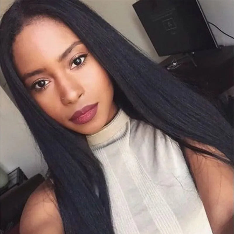 Women's long straight synthetic wig with centre part and bangs in black colour