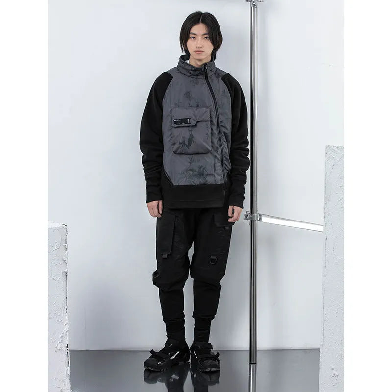 Men's black cotton fleece hooded jacket with trend stitching, loose fit