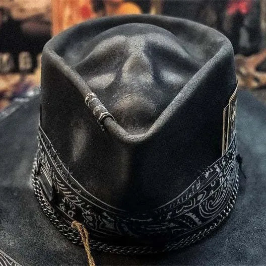 Handmade wool felt Halloween skull hat with conical crown and denim accents