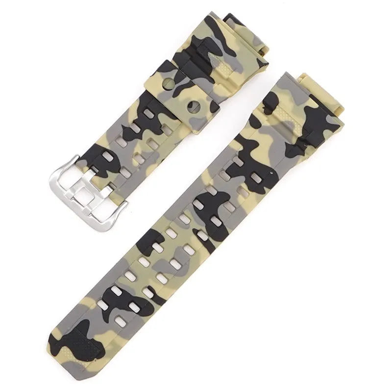 Camouflage patterned TPU resin watch strap with silver buckle on a grey background