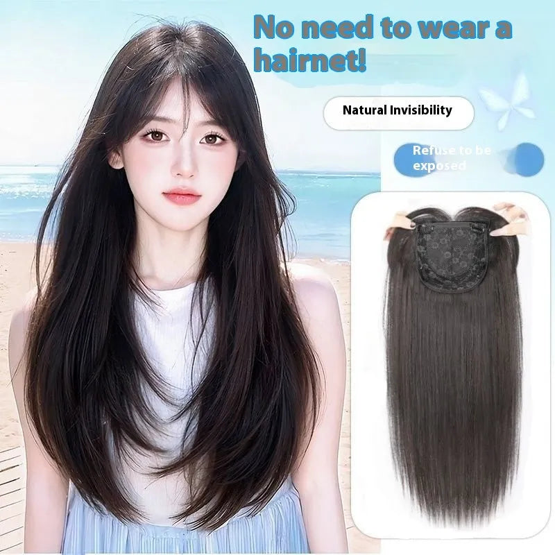 Black long straight layered synthetic hair wig with wear-free full-head hair net construction