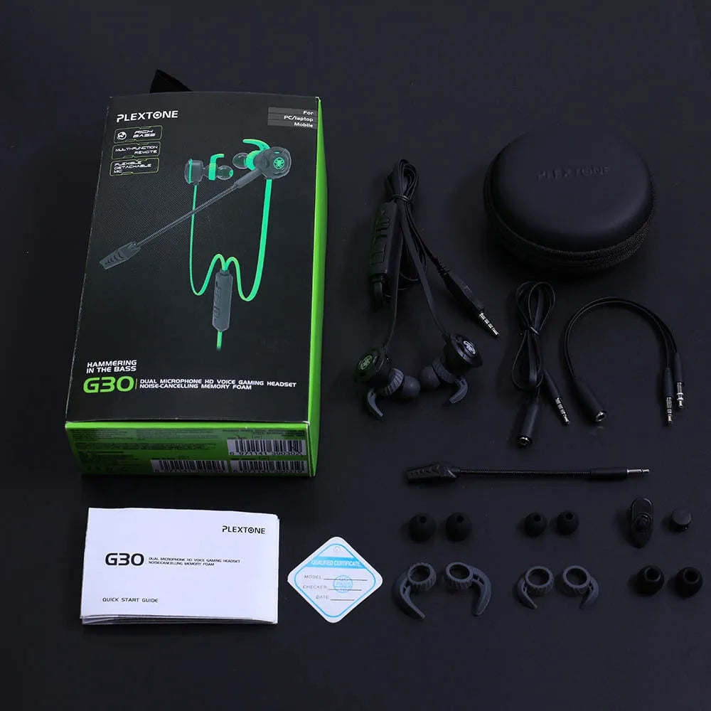 Shuangmai wired in-ear computer gaming headset in black, green, and red colours with 1.5 cm cable