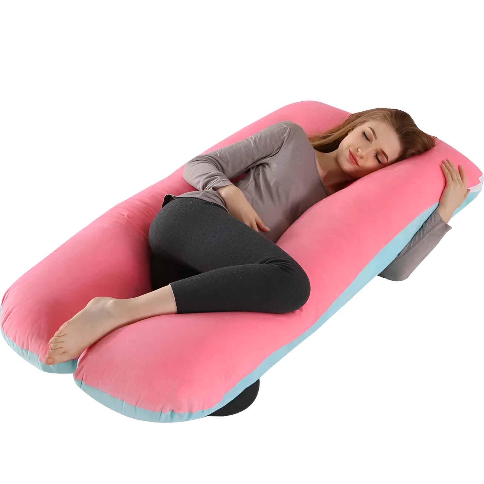 Large U-shaped pregnancy support pillow with removable cover in choice of fabrics.