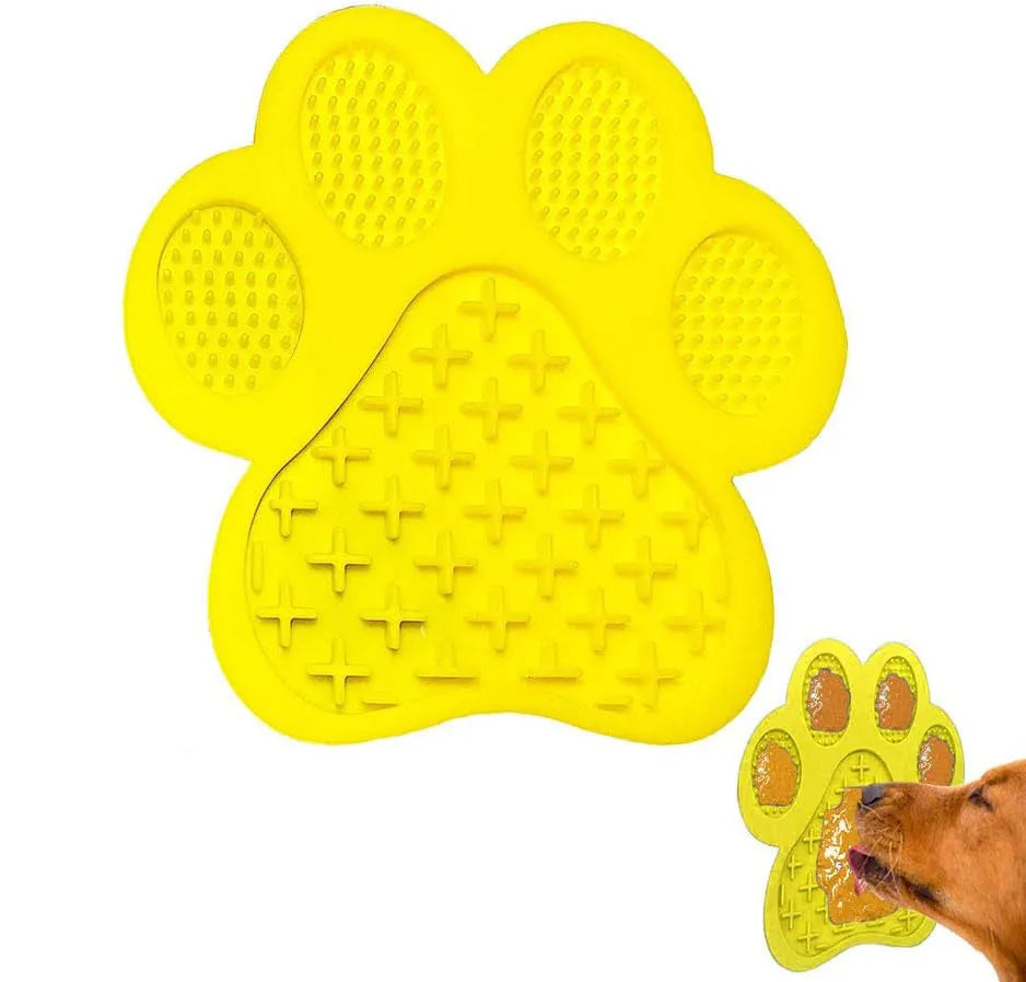 Blue bone-textured silicone dog licking mat with suction cups on a white tile background.