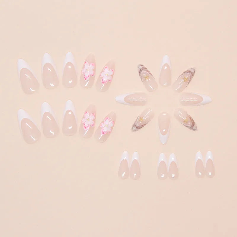 Flower French style fake nails with rock pattern patch removable design in W1764 simple flower colour
